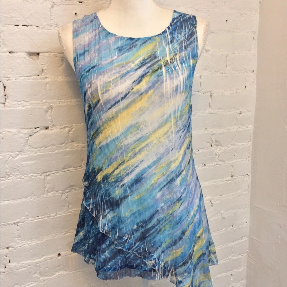 Komarov sleeveless asymmetric top blue crinkle xs